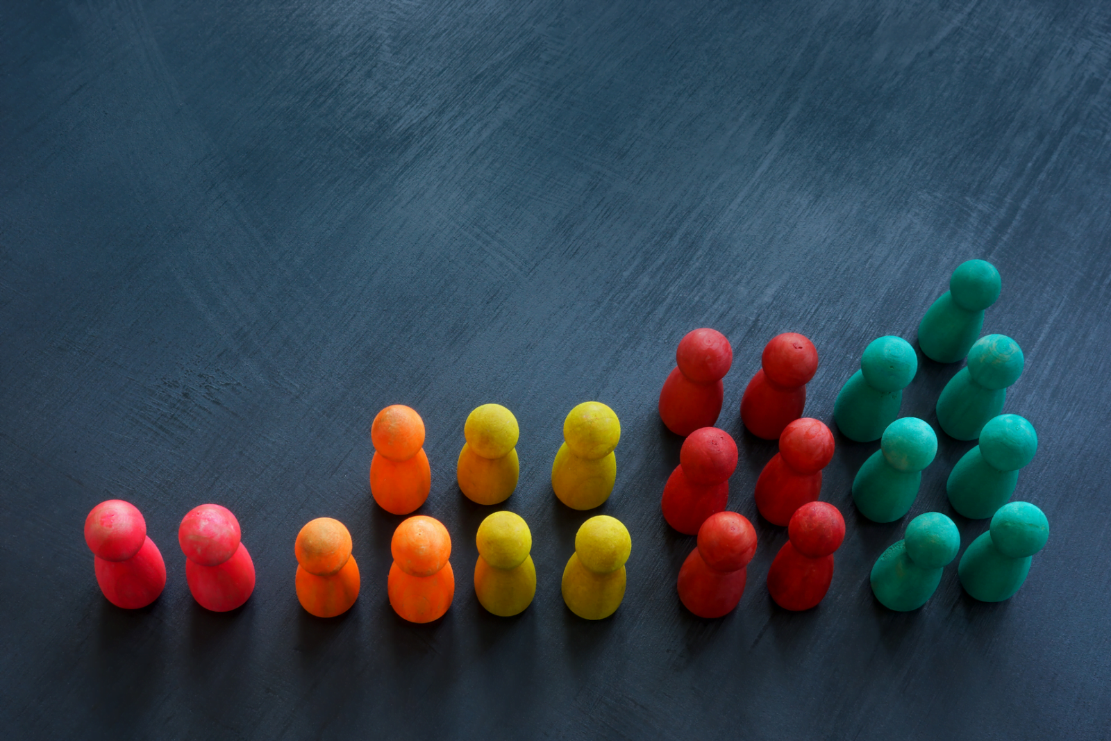 little figures separated by orange, yellow, red, and green