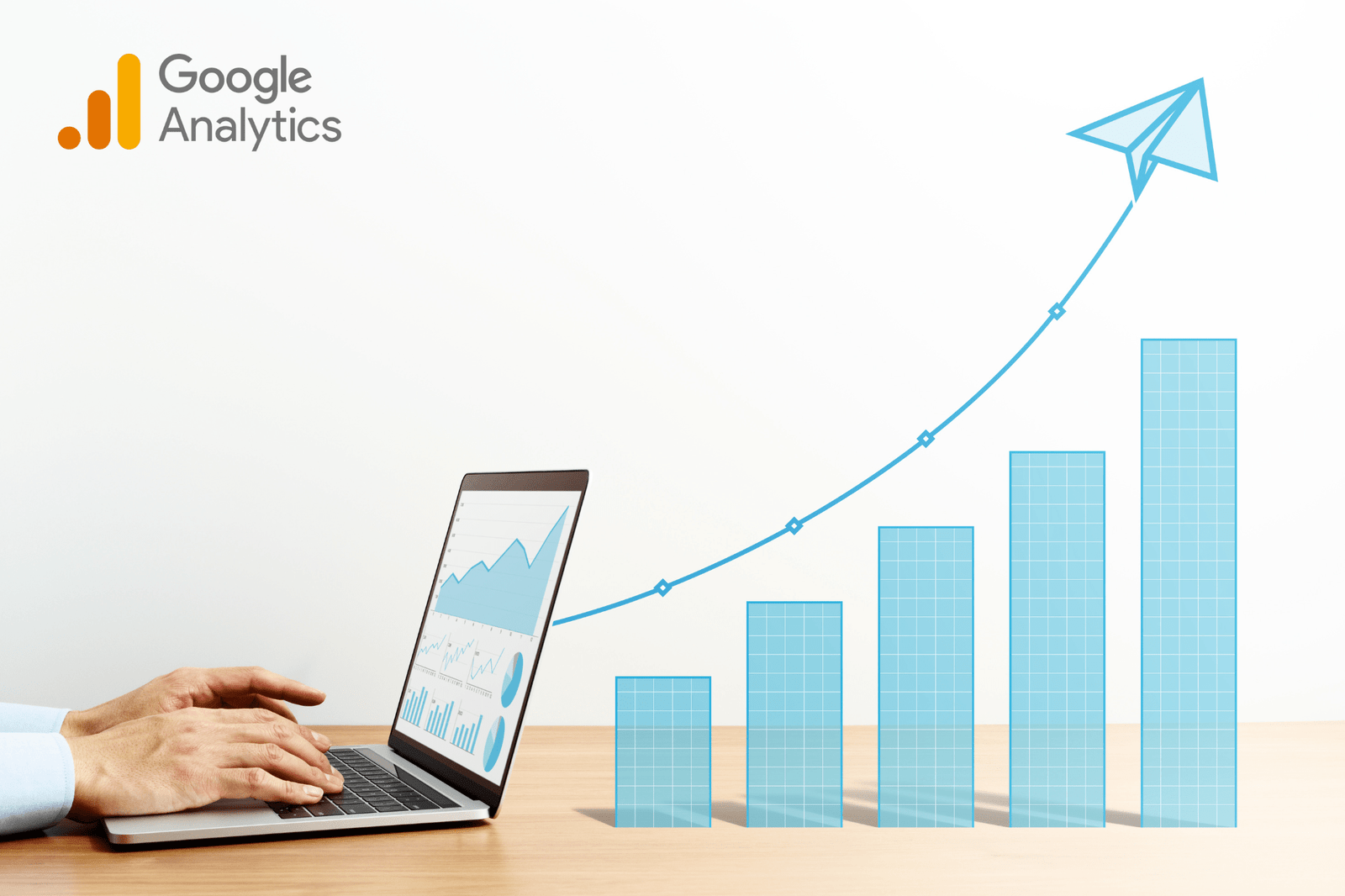 Google analytics logo next to a increasing column diagram